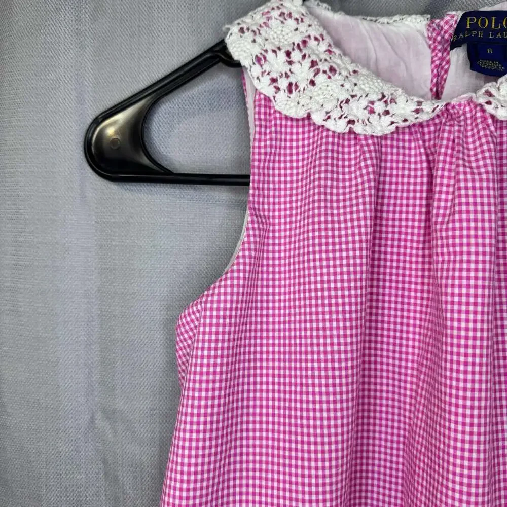 Polo Ralph Lauren Girls Pink Gingham Sleeveless Swing Dress with Lace Collar